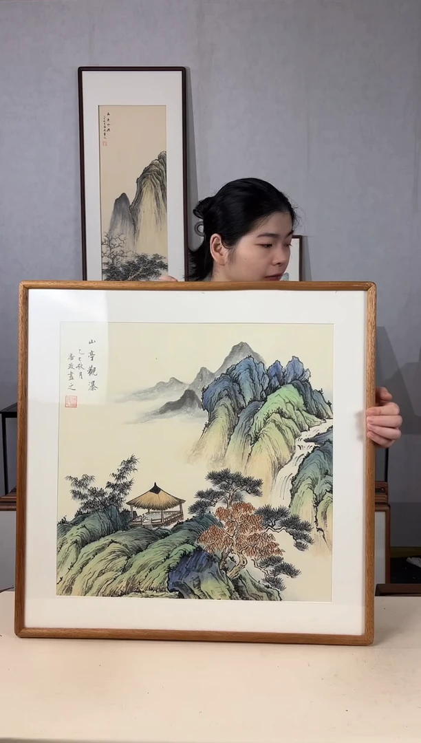 国画手绘*山亭观瀑*62*62cm实木框