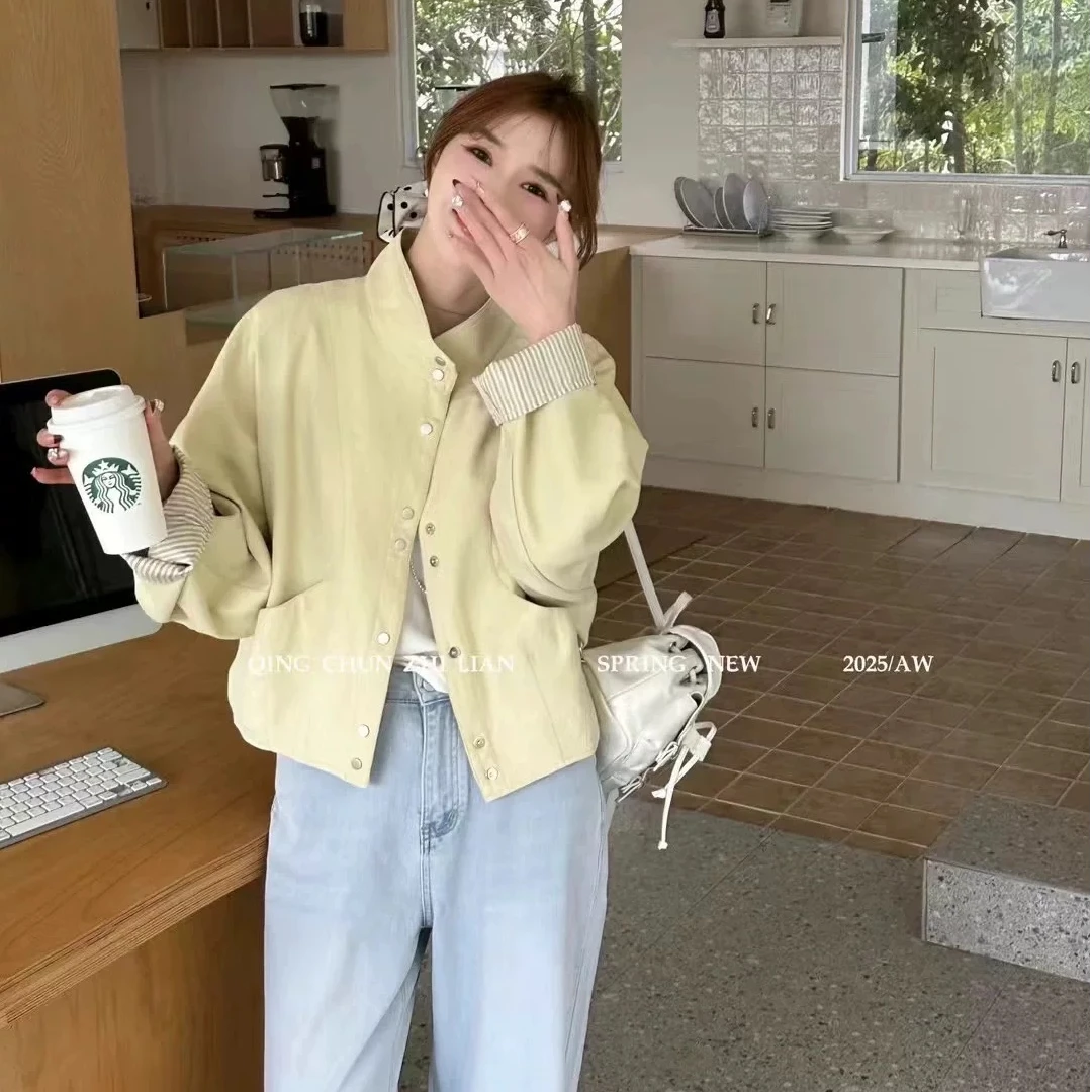 2025春上新撞色拼接时尚韩版休闲风宽松纽扣百搭立领上衣外套