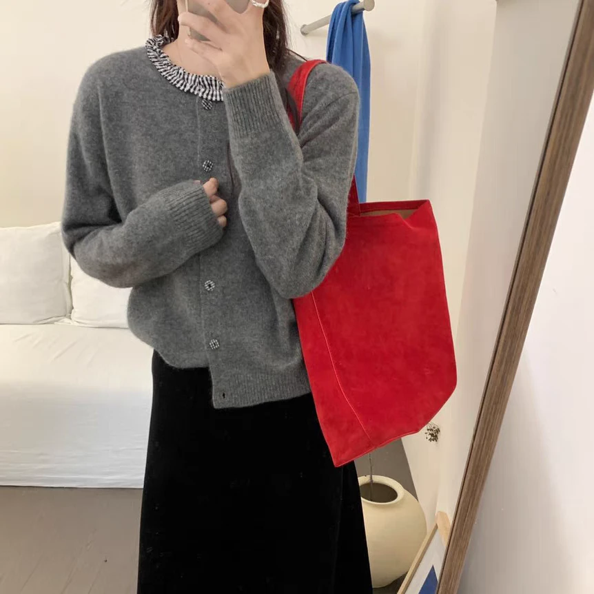 玲姐定制-设计感花边领拼接针织开衫280368