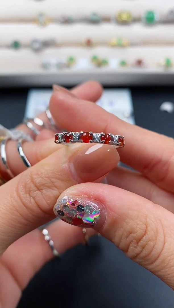 银S925镶嵌戒指翡翠天然缅甸A货翡翠33  8-