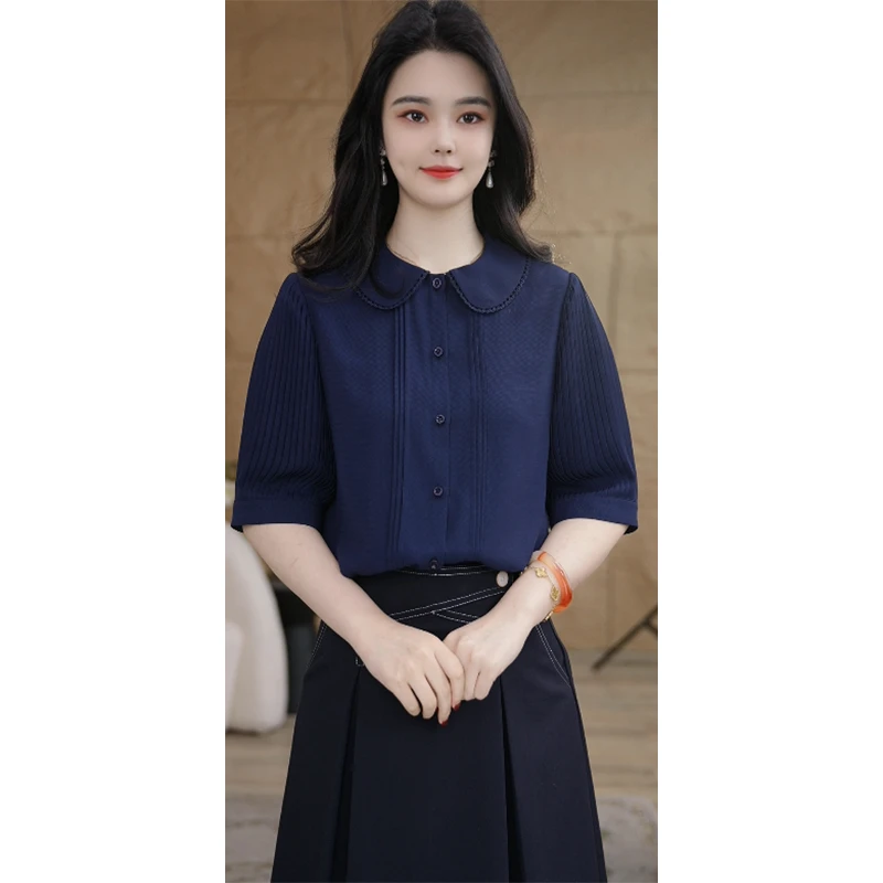 【南桥甄选】8592413A藏青色短袖衬衫上衣女设计感小众气质宽松洋气