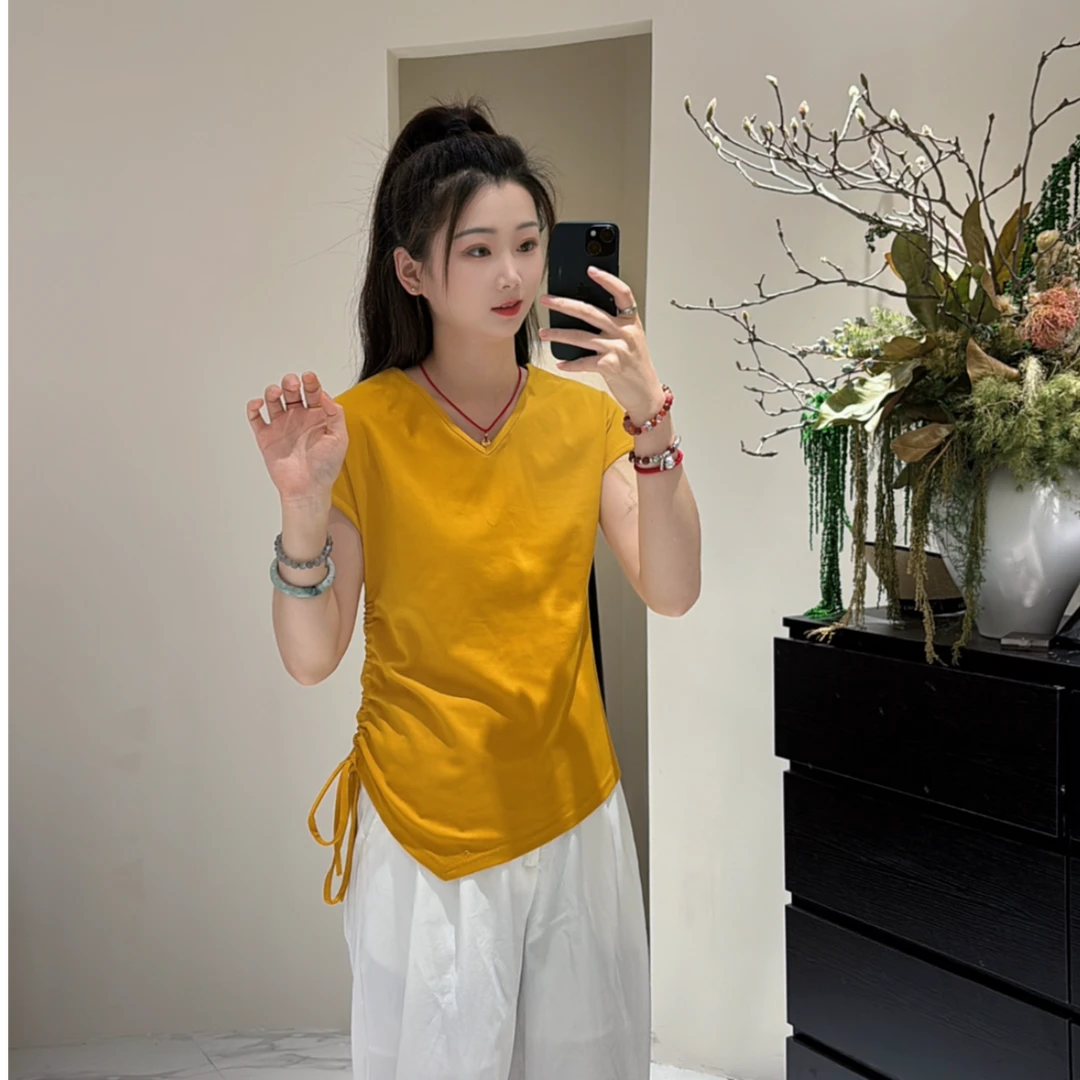 8905独特设计感小众抽绳短袖女装夏季V领洋气正肩显瘦T恤上衣
