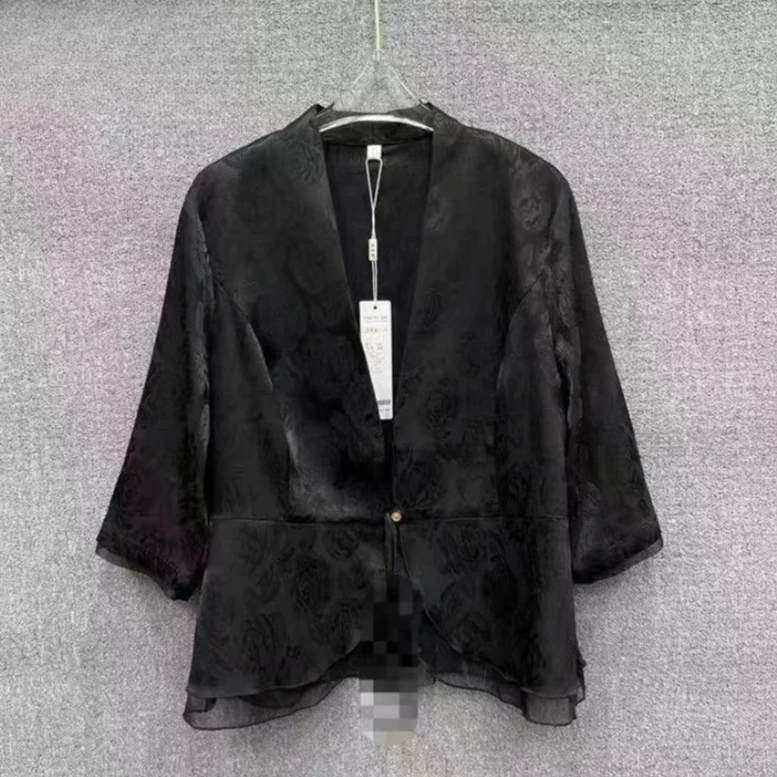 新中式国风秋季新款重工提花盘扣一粒扣七分袖薄款开衫小西装外套