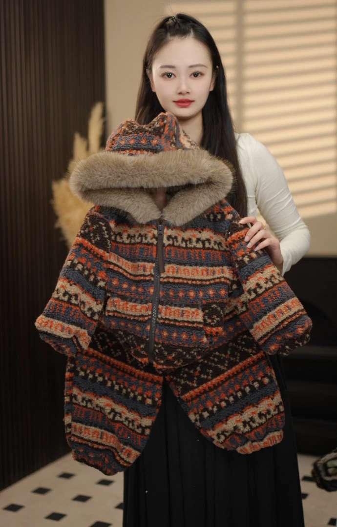 【毛茸茸男女童加厚冬季新款条纹连帽加绒卫衣慵懒宽松亲子套装