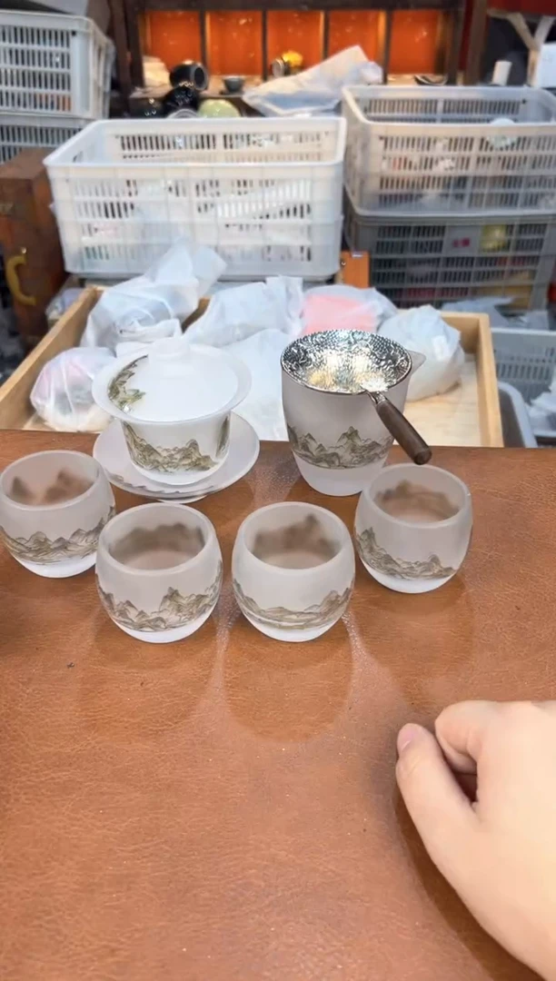 千里江山琉璃+茶漏+茶盘