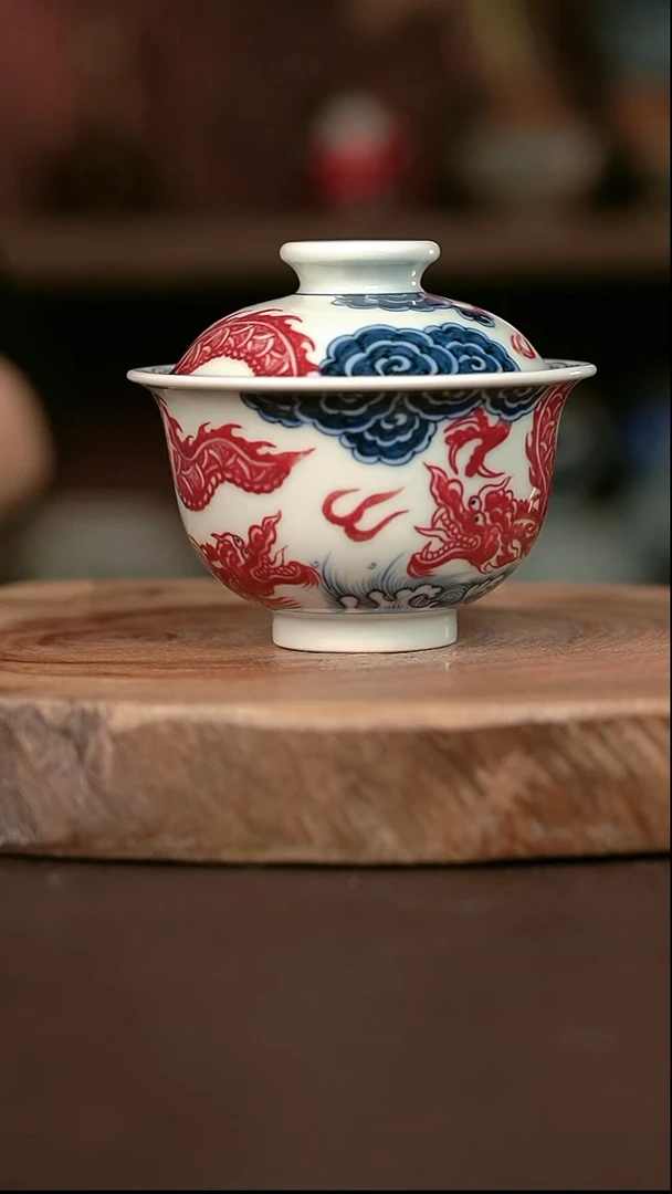 手绘微瑕高温现代瓷  气窑  有暇  苍龙教子大布袋150C