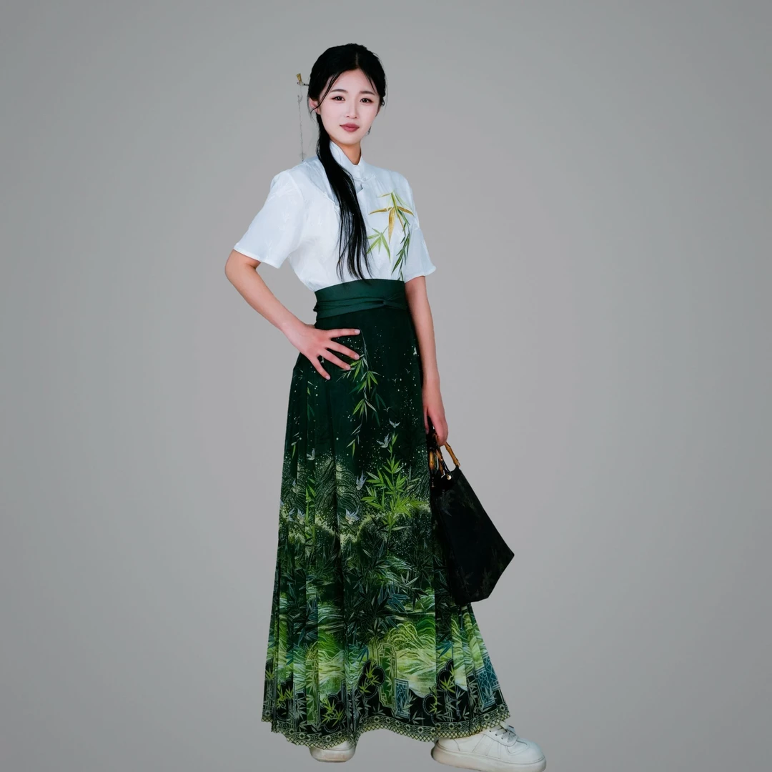 洛如嫣2025新款【竹叶马面】春夏季马面裙日常百搭中国风仙气汉元素