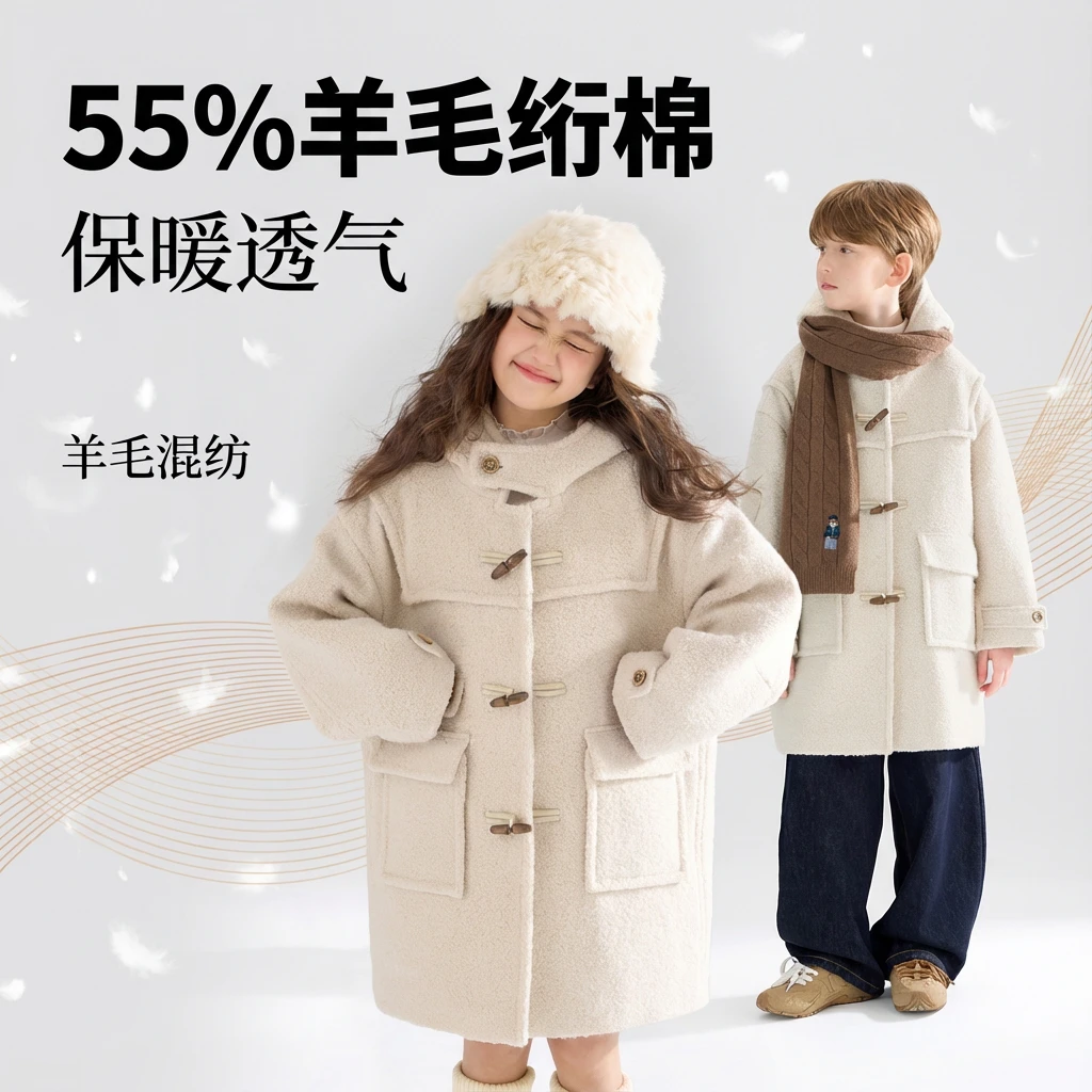 MUCMUKN 55%羊毛呢大衣复古牛角扣绗棉外套男女童冬新M54XW5781