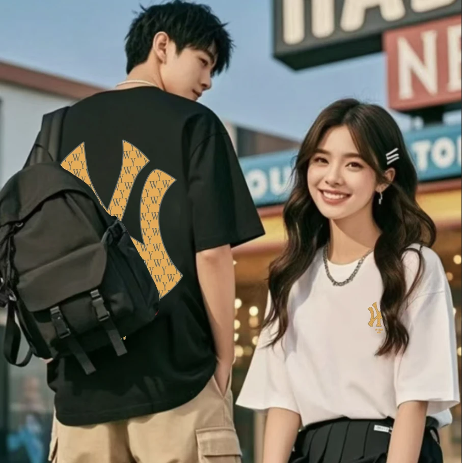 【商场同款】新款时尚短袖弹力夏季男女同款纯棉重磅T恤-米字金标