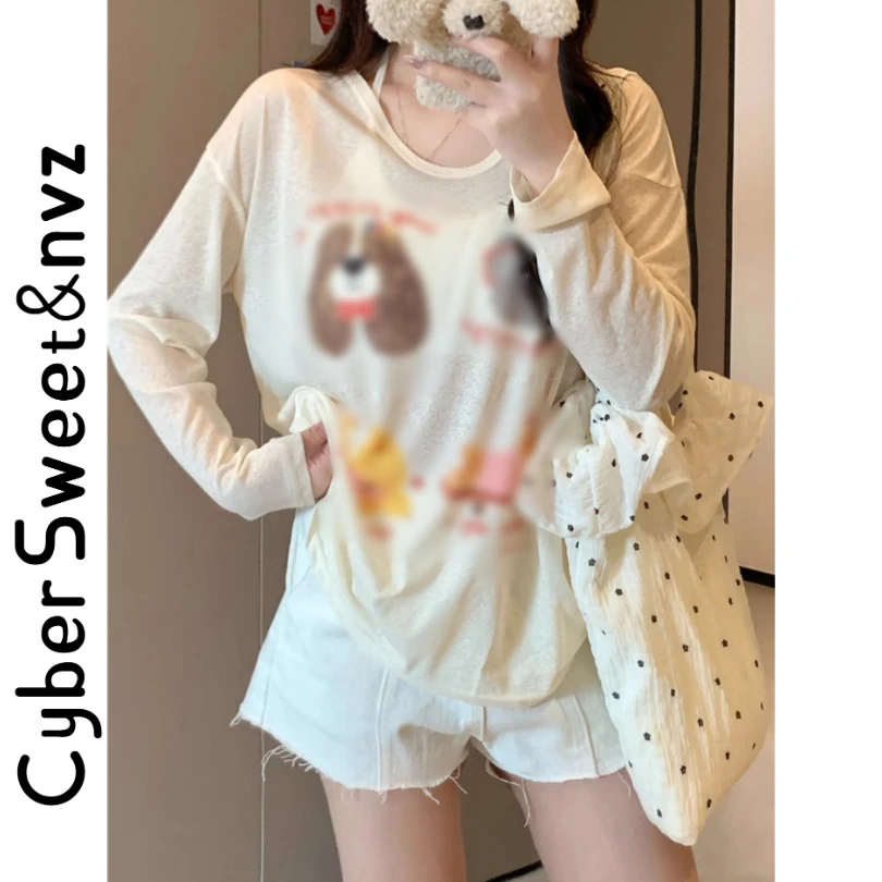 2025夏季小众趣味印花长袖T恤女薄款防晒上衣慵懒宽松设计感罩衫