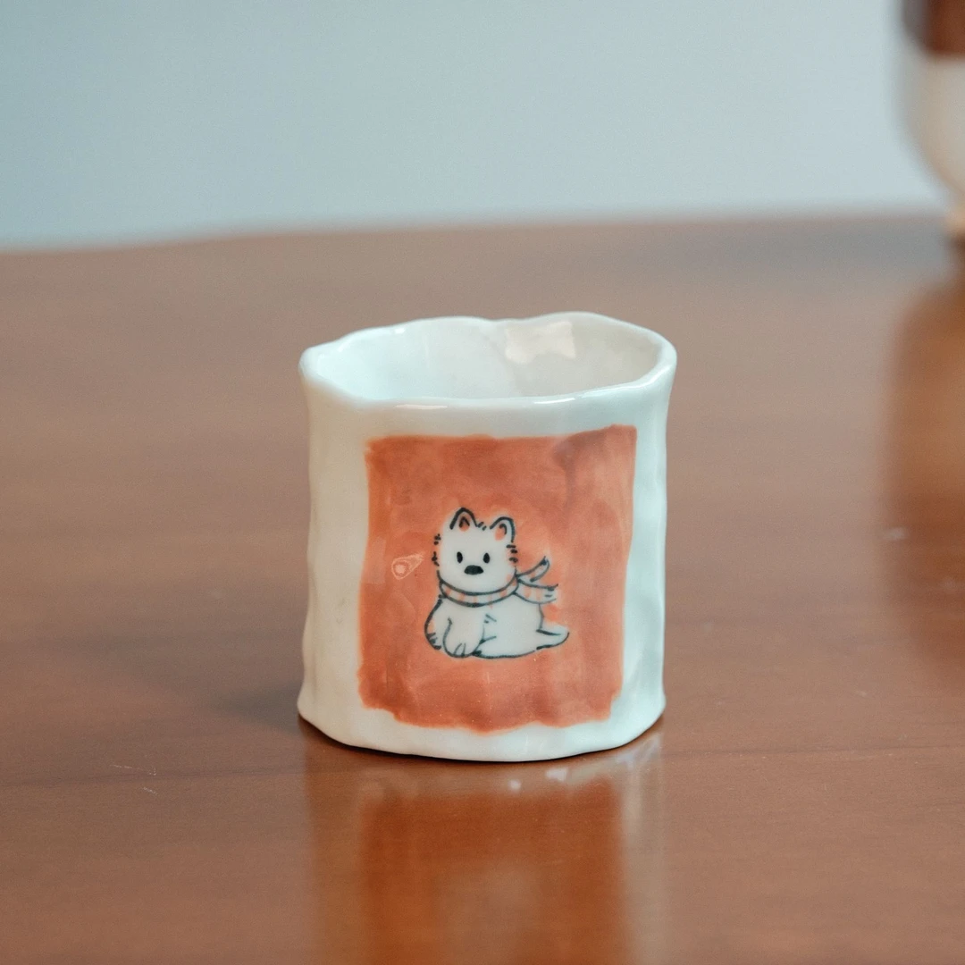 可爱陶瓷手捏手绘围巾小狗杯