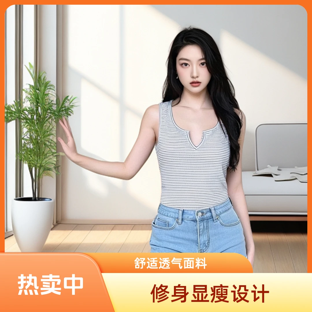 修身型轻熟风直筒通勤活动 胸垫外穿遮副乳背心条纹舒适夏季ins风