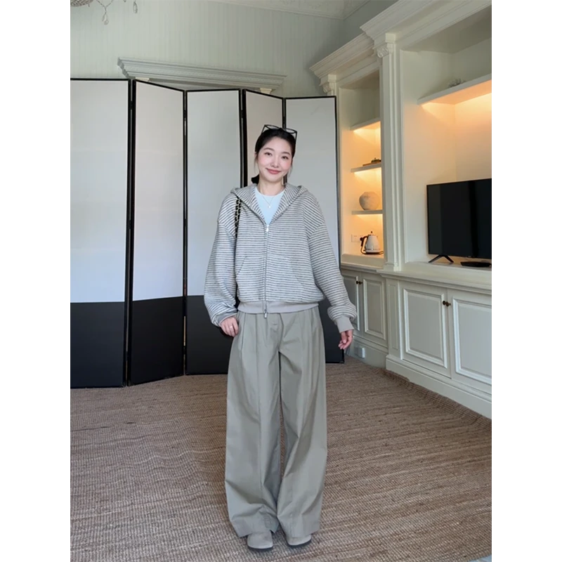 郭九九呢 条纹宽松显瘦绒感连帽卫衣外套休闲直筒裤 G925T15161