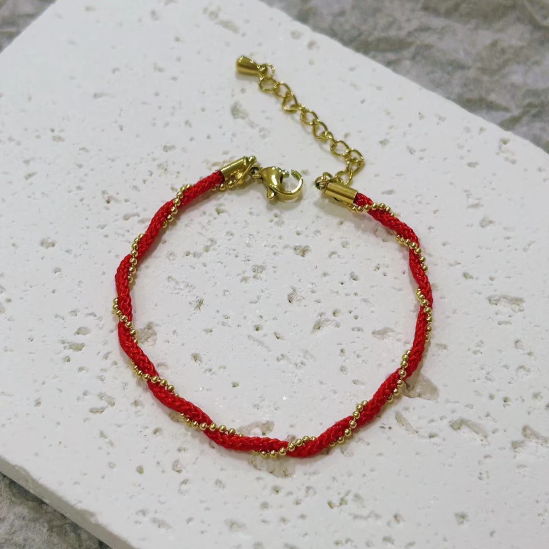 钛钢布艺手链 【Kiss娜】钛钢2601时尚红绳缠绕珠珠手链