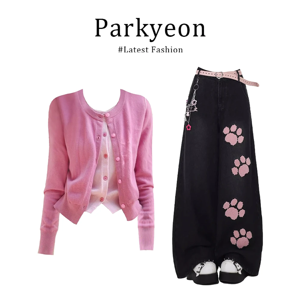 MARIE.COCO日式气质小香风假两件针织开衫猫爪牛仔裤秋冬时尚套装