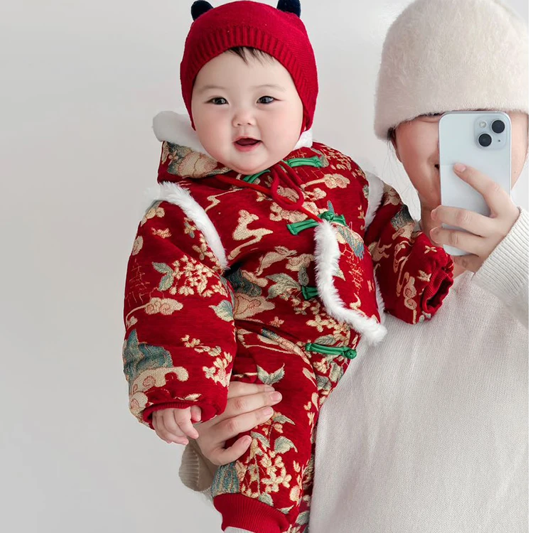【花开富贵】婴儿拜年服加绒加厚新年保暖卡通新生儿连体衣可爱外套