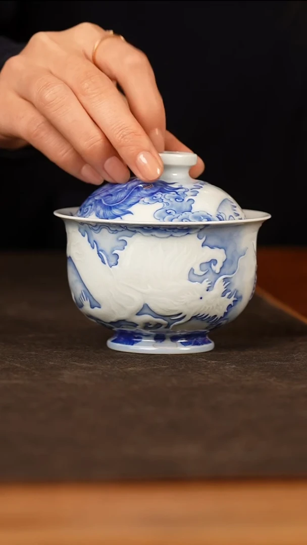 瓷瓷姑娘自成堂青花龙凤盖碗