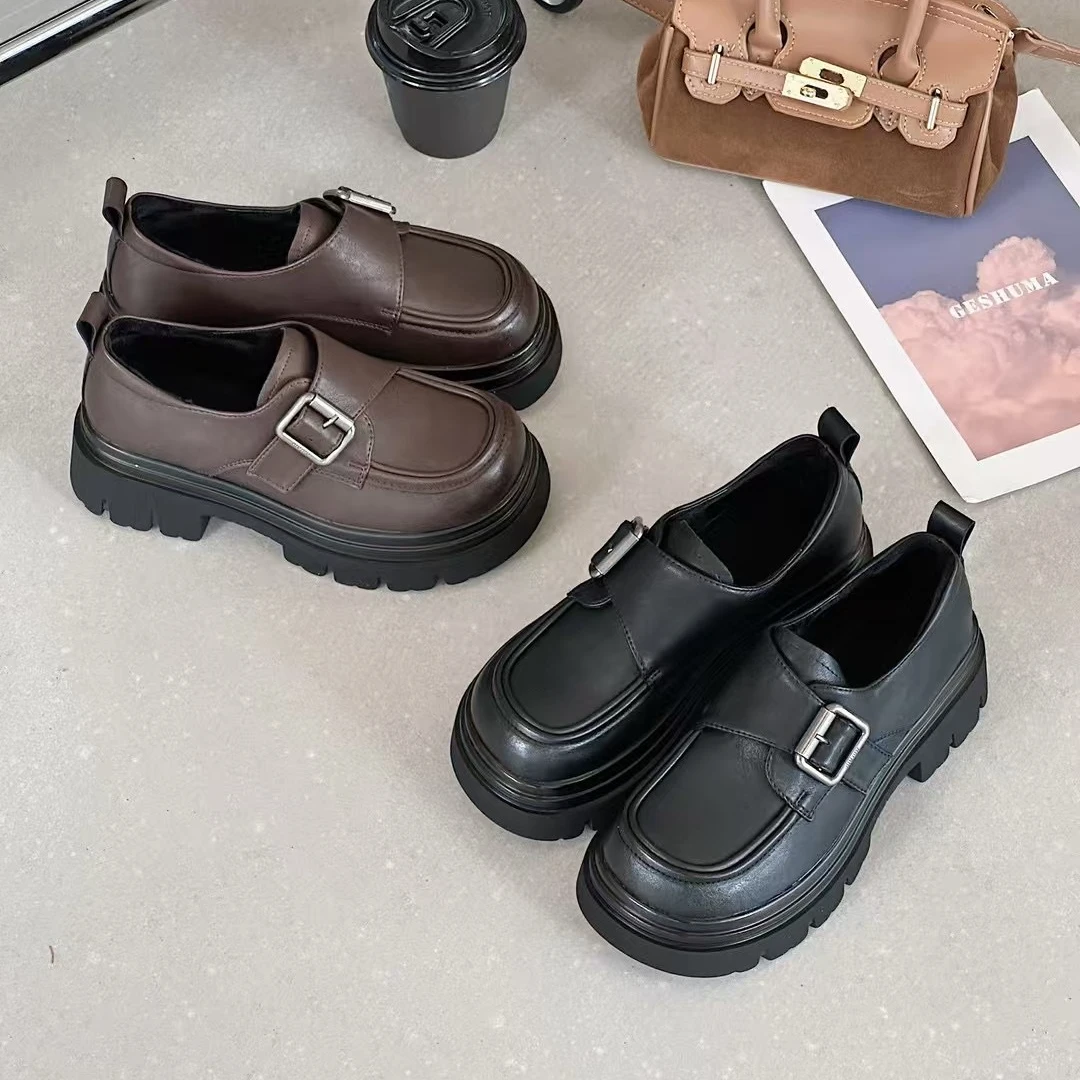 厚底增高小皮鞋女2025春季新款时尚粗跟乐福鞋魔术贴软底单鞋