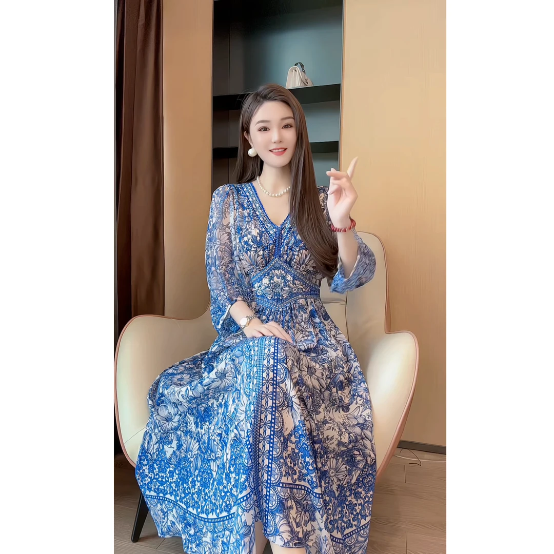 【深圳米熙儿】青花瓷——100%桑蚕丝夏季新款法式印花收腰连衣裙6029