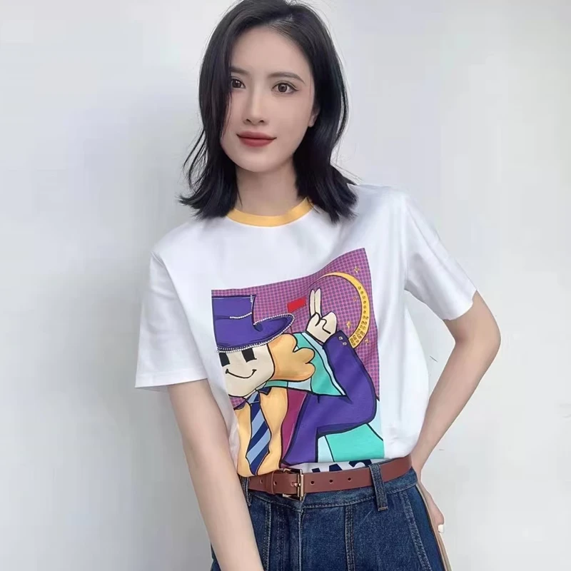 【专柜品质】2025夏季新款时尚印花丝光棉短袖T恤女 1300356