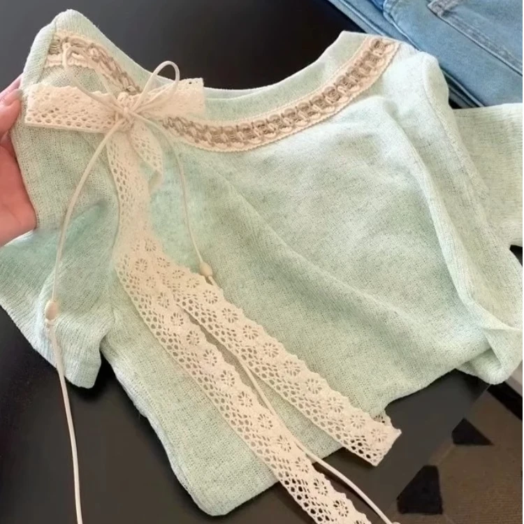 薄荷绿系带蝴蝶结针织T恤女2025夏季新款设计感小众掐腰显瘦上衣