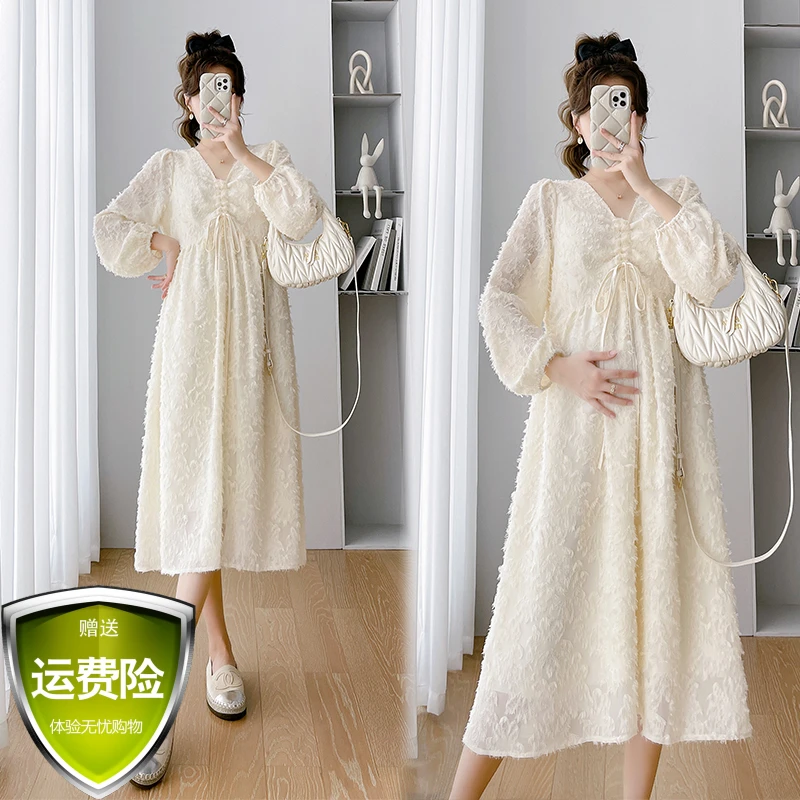 孕妇装秋季新款韩版时尚设计感雪纺提花宽松长袖中长款孕妇连衣裙