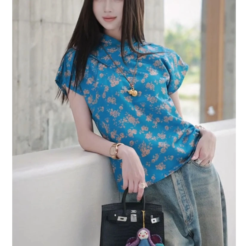新中式女装国风套装轻奢小众高端气质亮眼蓝色印花显瘦衬衫上衣夏