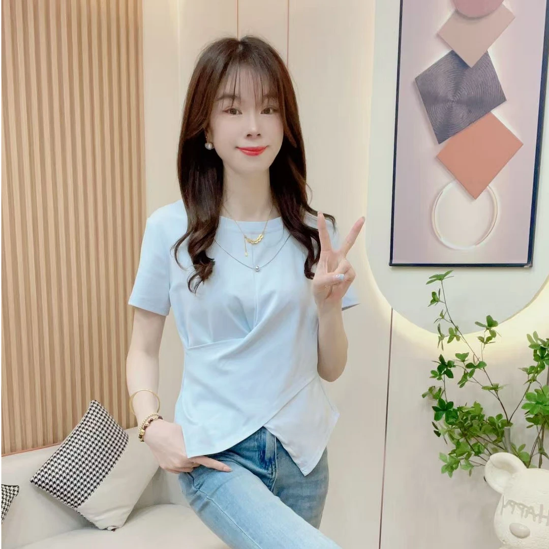 炬雅【交叠风情】新款时尚感下摆洋气百搭修身短袖T恤女士上衣