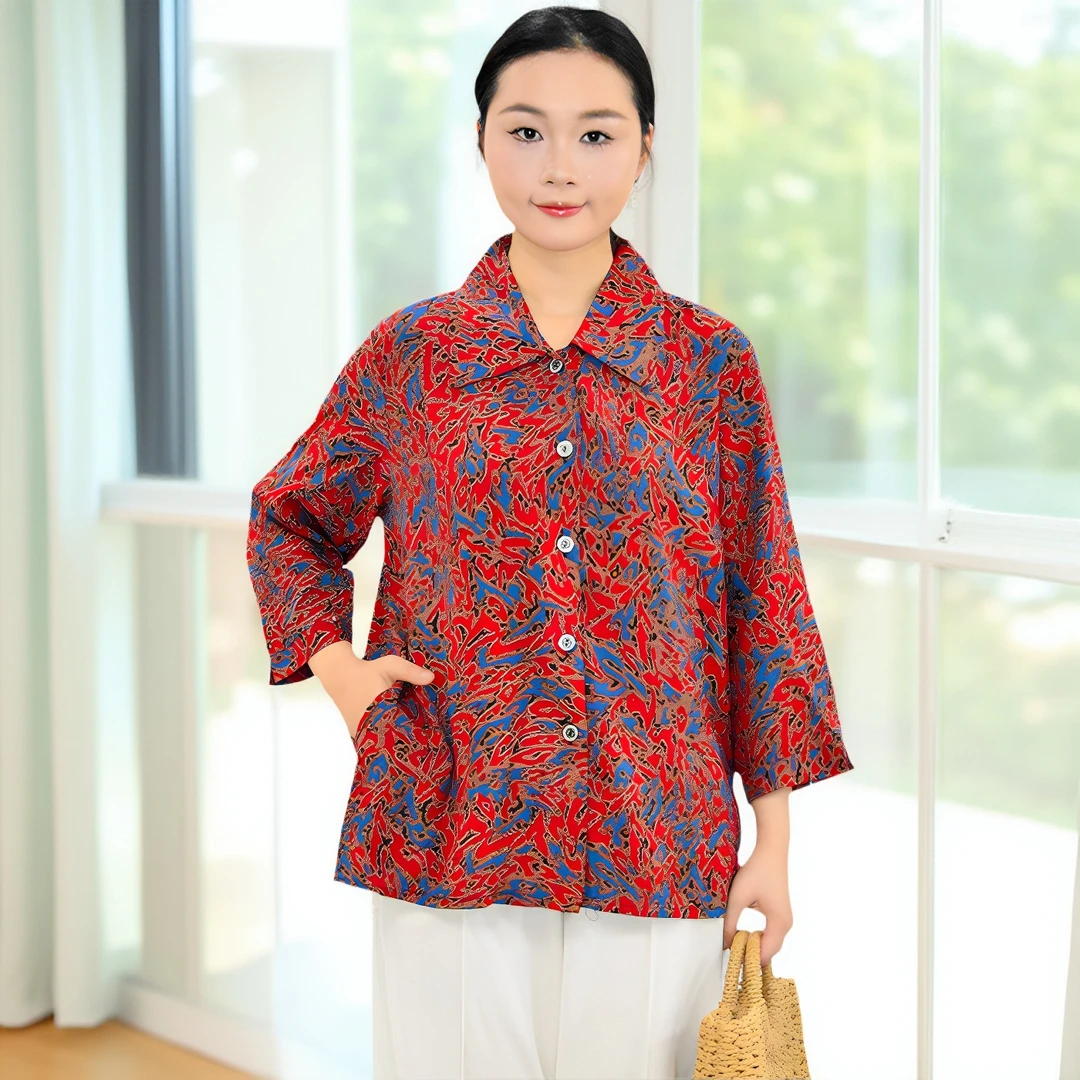 2025新中老年睡衣女士绵绸家居服翻领扣子开衫棉绸上衣老太太外穿