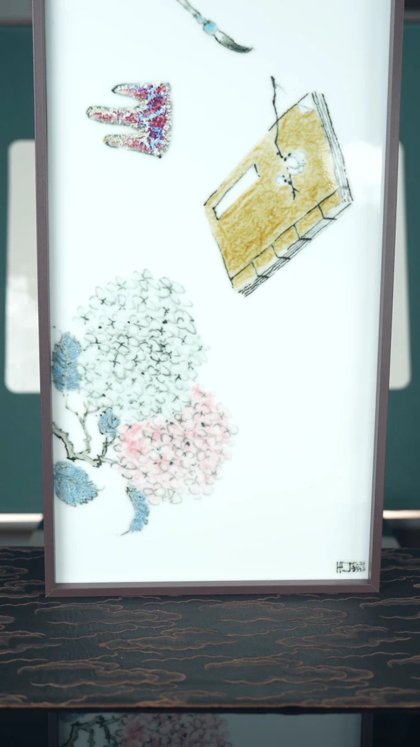 瓷片《锦簇案头》色釉瓷板画