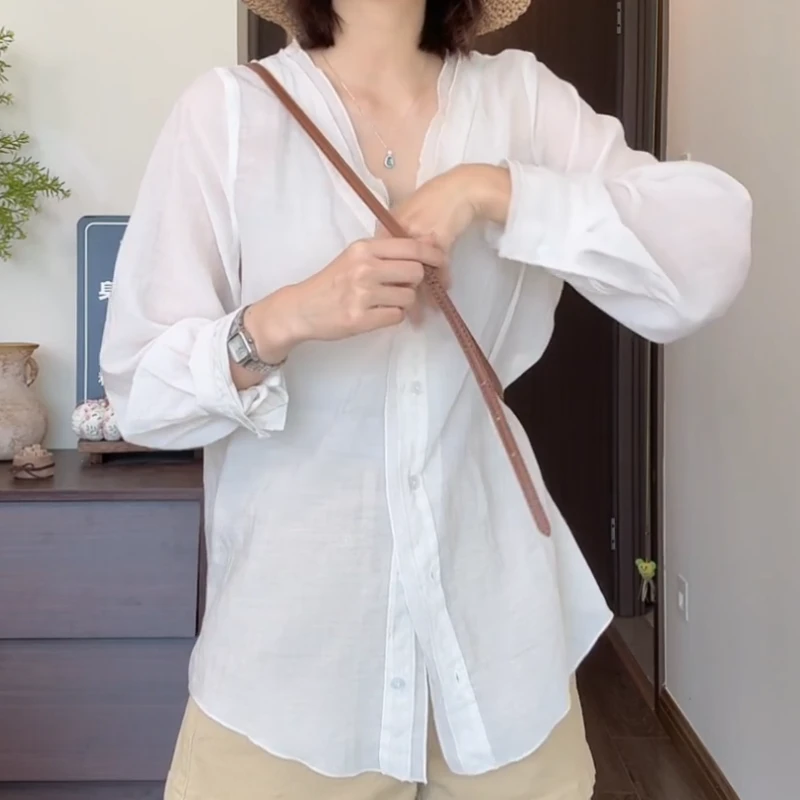 2025韩系简约夏季新品花边V领宽松衬衫长袖白色衬衣上衣LK2504765