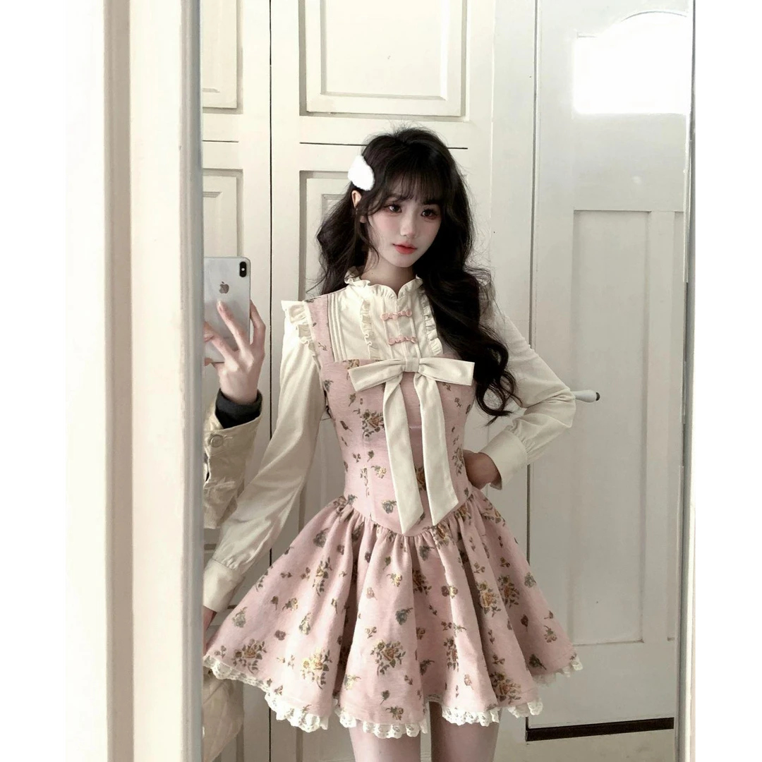 【糖糖】大码女装复古粉色碎花连衣裙秋季新款蝴蝶结收腰显瘦12728