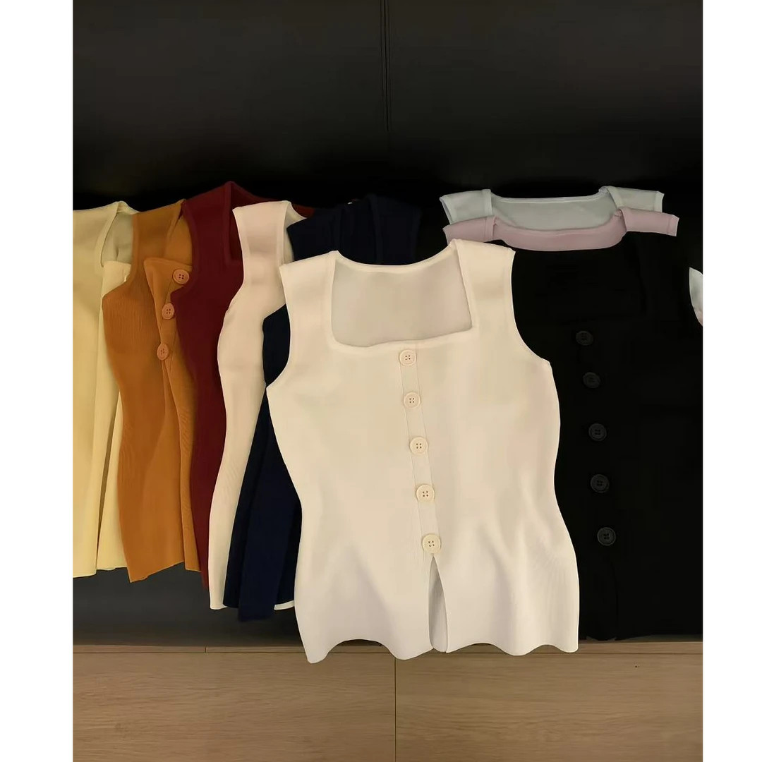 十三行白白-夏季新款方领针织吊带小背心内搭单排扣上衣#8333