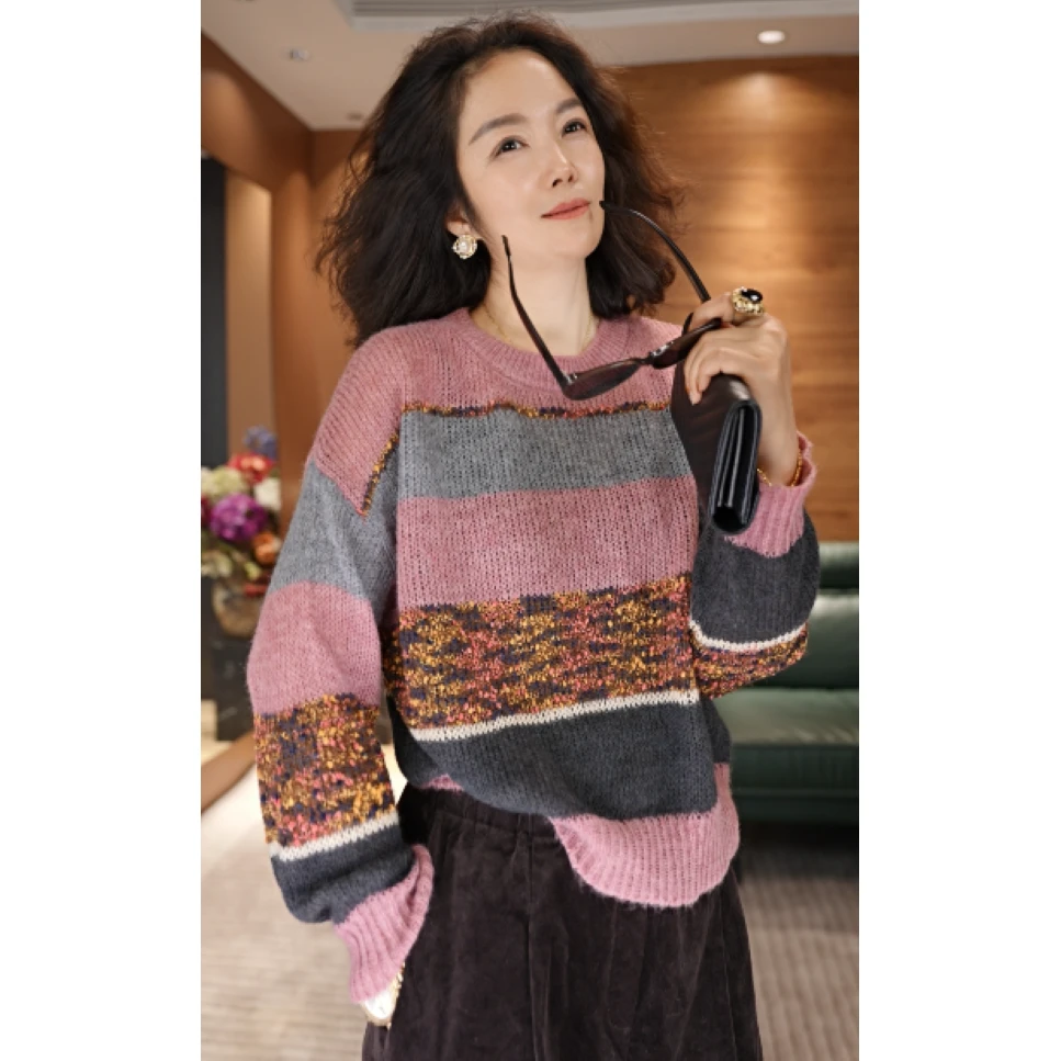 JIUER圆领显瘦针织条纹慵懒风毛针织衫宽松针织衫8863