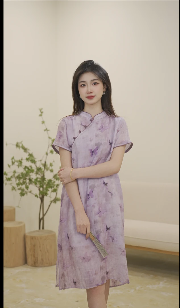 【福叠】苎麻连衣裙2025新款女装国风改良立领斜襟扣旗袍