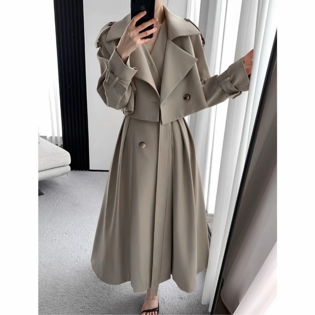 〈纪朵研〉1261秋装新款短款风衣无袖背心长款连衣裙两件套女