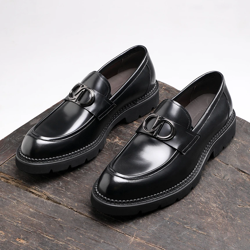 英伦风时尚休闲百搭真皮厚底乐福鞋圆头春季韩版低帮皮鞋黑色复古