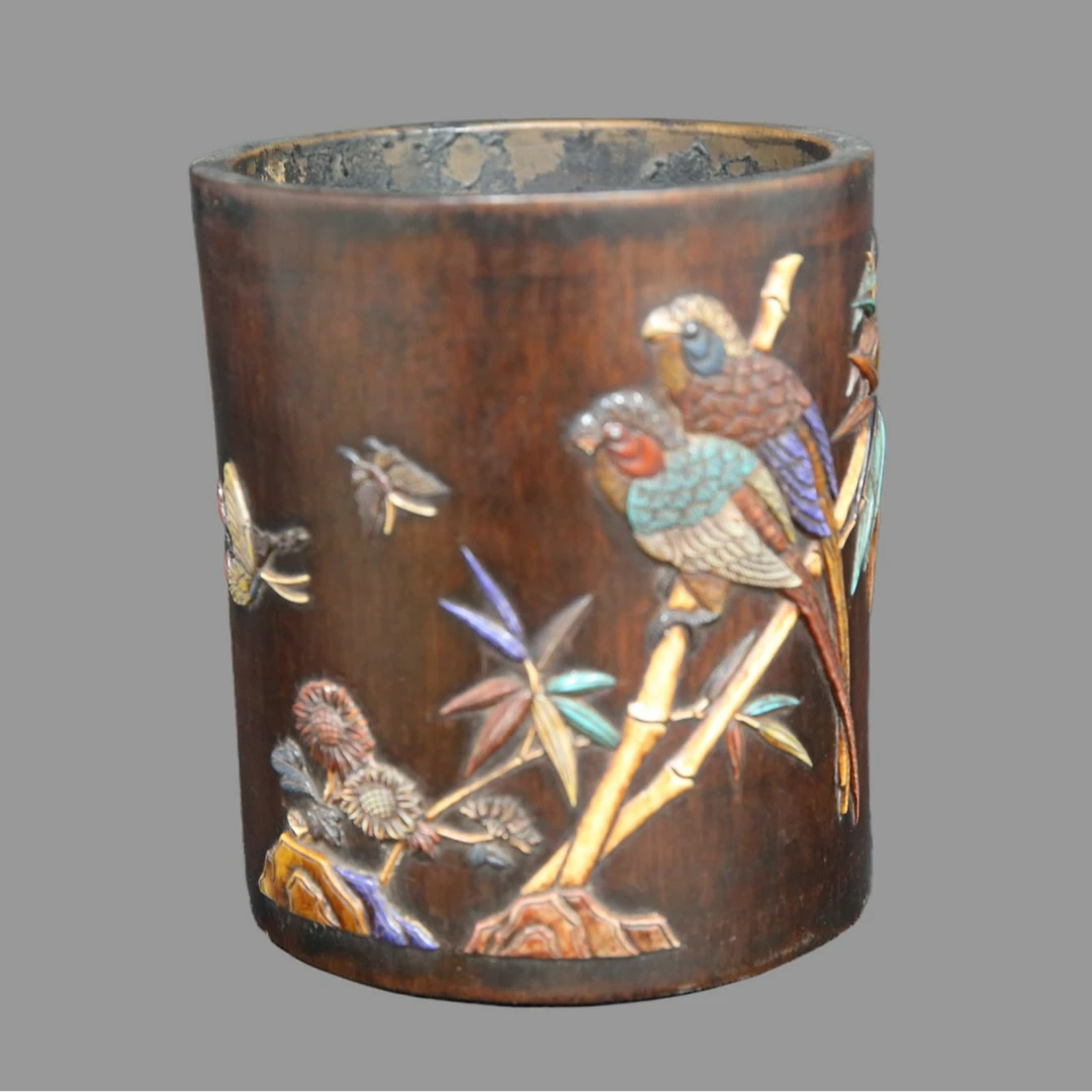 清 竹雕嵌百宝花鸟笔筒  延长质保期7天 百日大优惠