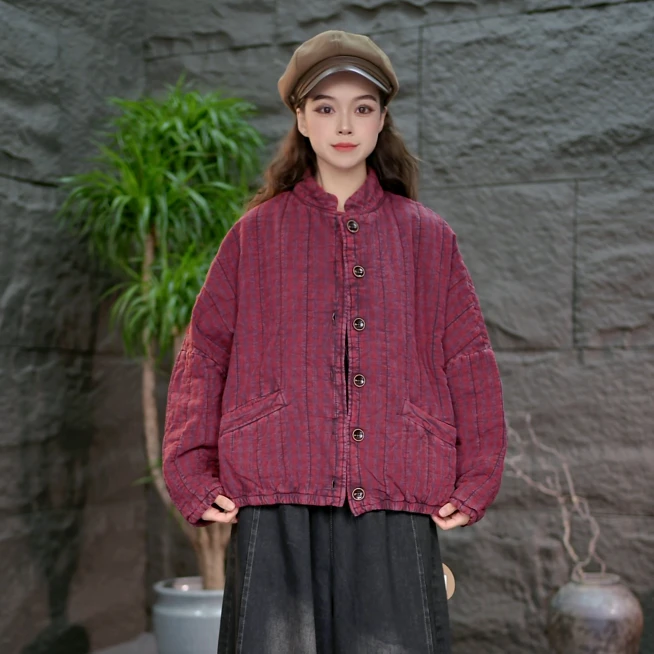 【加厚棉服】秋冬女装百搭复古棉袄宽松大码格子上衣棉衣