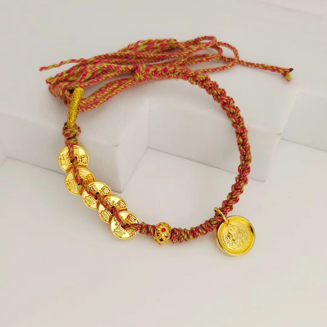 足银手链 五币钱黄财神手绳春节爆款 手工复古编绳金色手串可调节