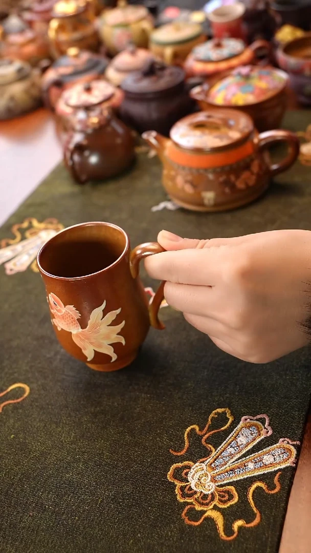 茶壶紫砂锦鲤 柴烧把手杯