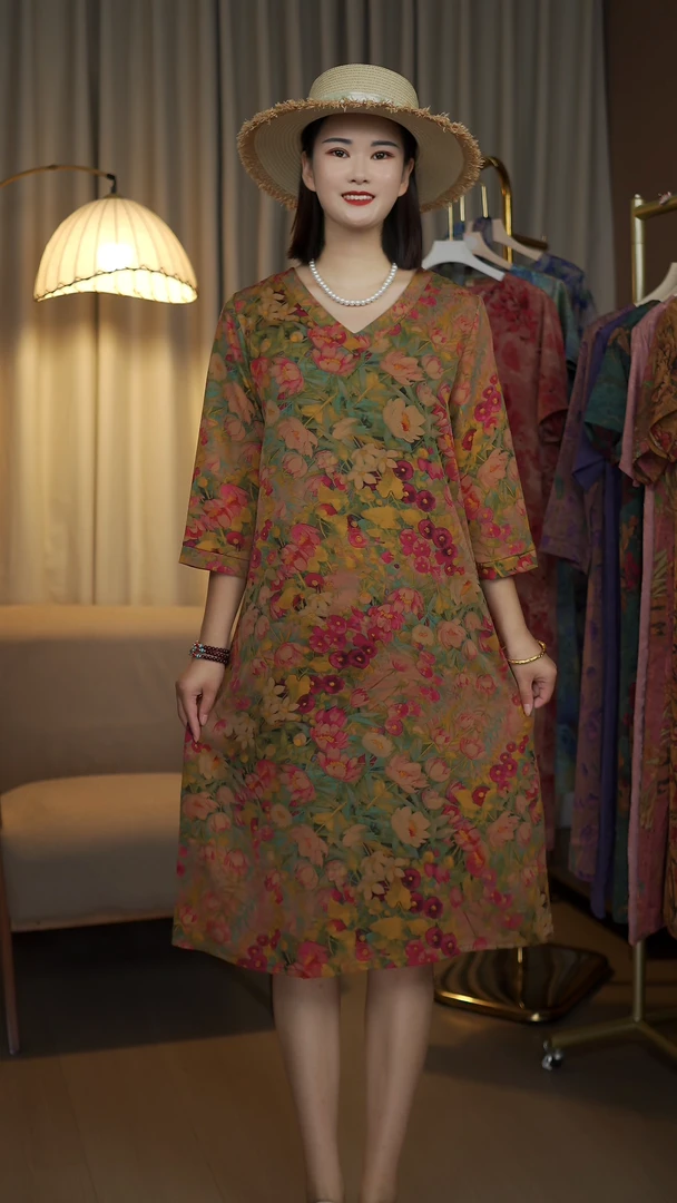 2302-YP中袖秋款中长款气质女装中老年时尚提花中式宽松优雅显瘦