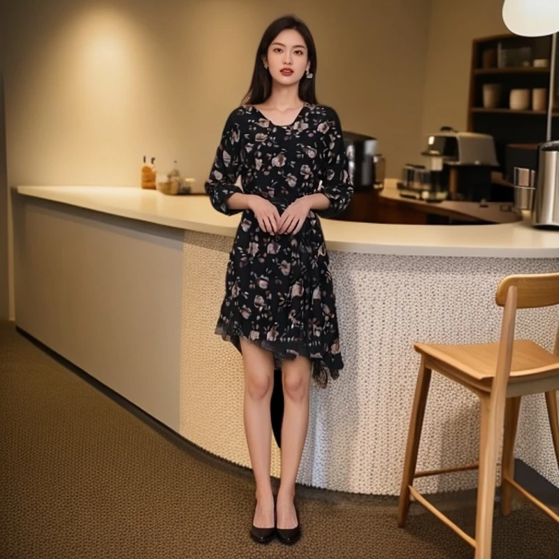 新款斜肩夏季印花裙V领气质连衣裙优雅女装碎花裙子百搭蕾丝时尚