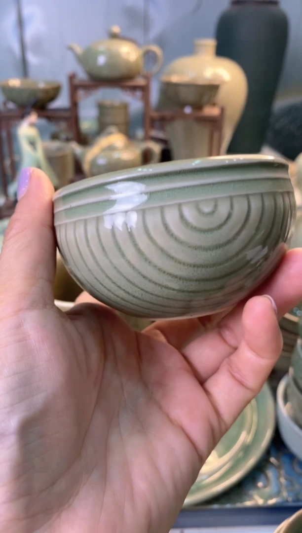 耀州窑微瑕开片金苕杯【TS042】【线条纹】一只