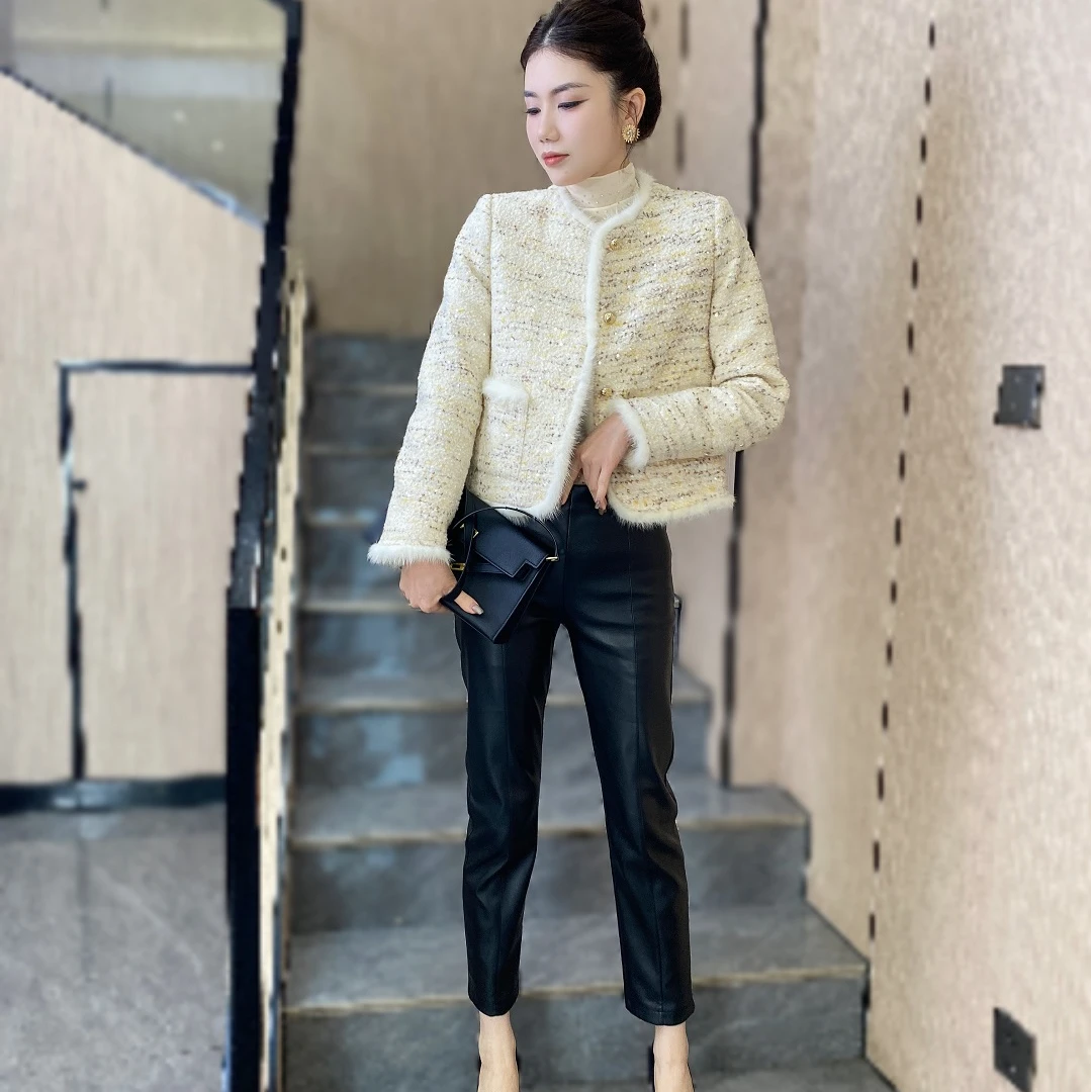 重工细闪亮片修身羽绒小香风外套女冬季发丝甜美风白鸭绒毛呢上衣