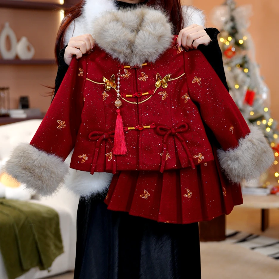 【臻绣】女童秋冬长袖裙子加绒加厚国风女孩呢子新中式套装DS20119