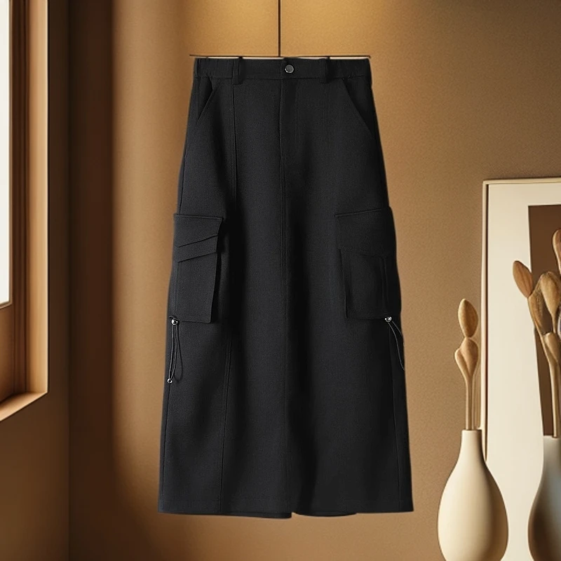 TA图剪标品牌折扣24冬休闲个性松紧腰开叉长款工装半身裙子女09C