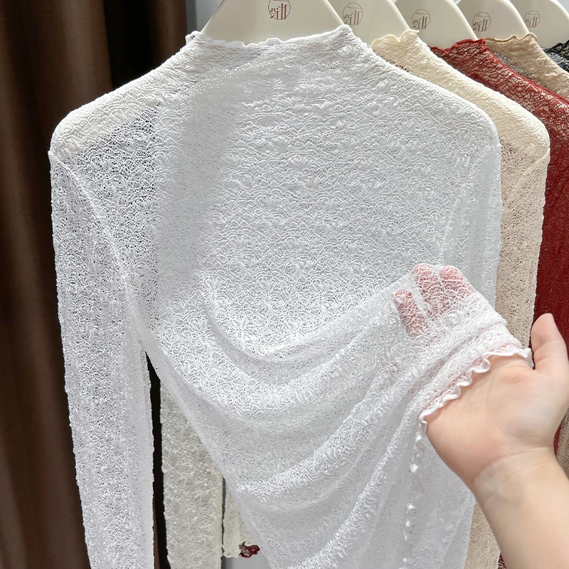 白色蕾丝打底衫女款半高领内搭透视网纱长袖上衣春秋新款洋气小衫