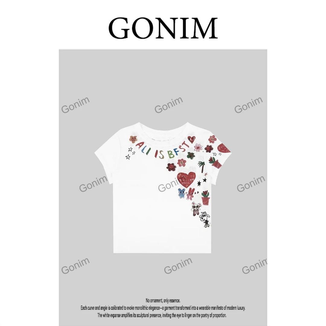 Gonim·"爱心字母"2025新款卡通涂鸦薄款时尚百搭印花短袖T恤女