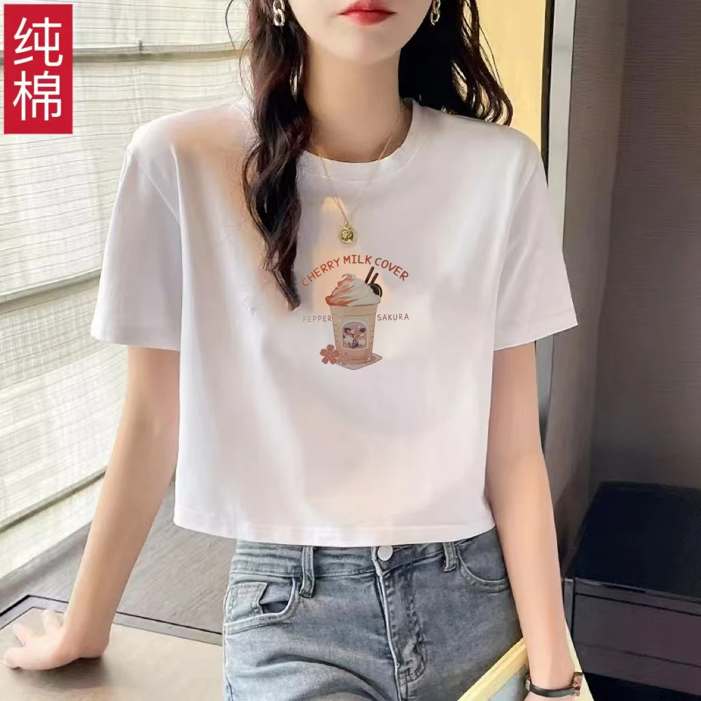 春夏季纯棉洋气短袖T恤衫女装短款上衣女宽松百搭小个子棉t恤白色